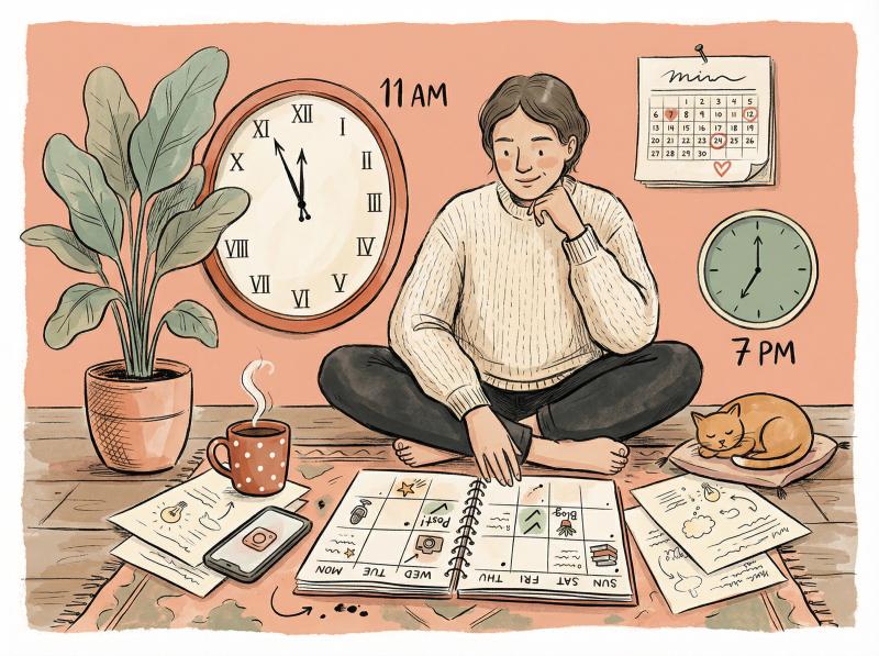 Hand-drawn illustration of creator planning sustainable Instagram posting schedule with calendar and clock elements