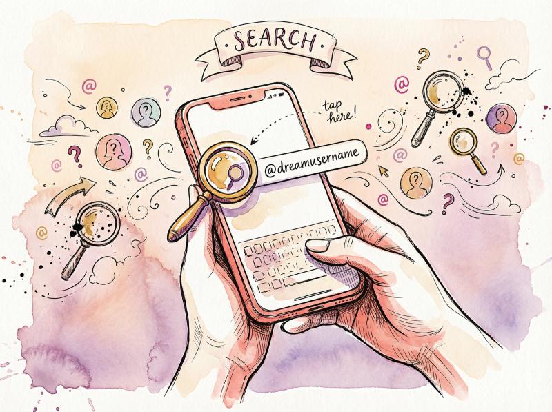 Hand-drawn illustration of searching for Instagram username availability using the app search feature with magnifying glass motif