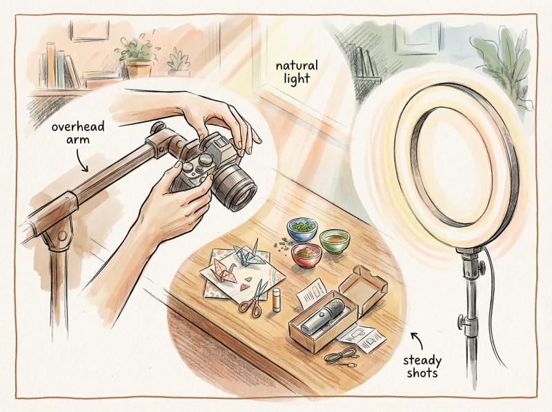 Artistic illustration of hands operating camera for top-down filming setup with warm lighting