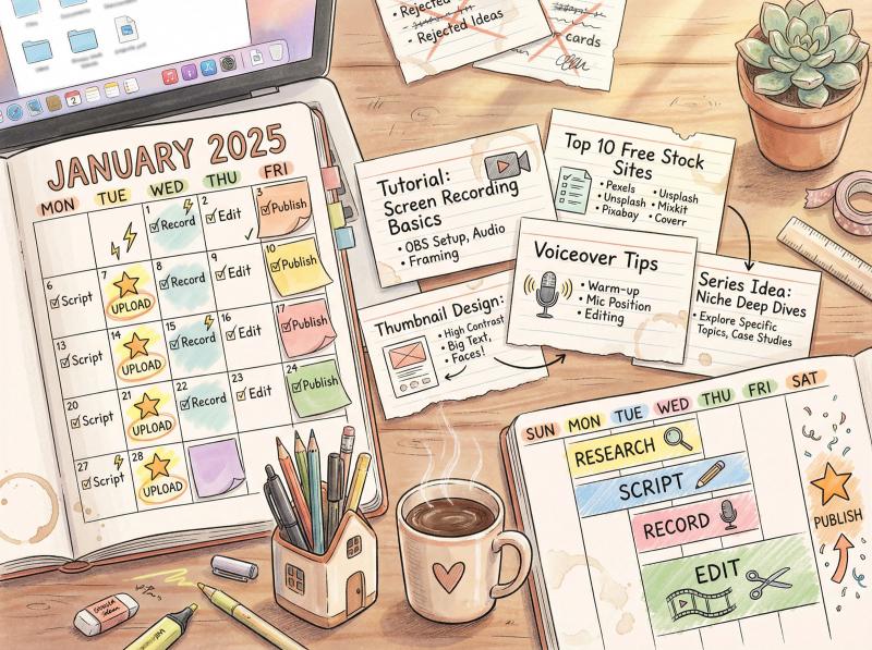 Hand-drawn illustration of content planning workspace with calendar, video ideas, and scheduling elements