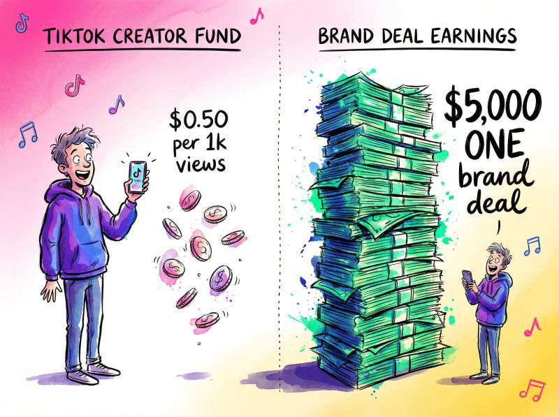 Hand-drawn split illustration comparing TikTok creator fund coins versus massive brand deal money stack