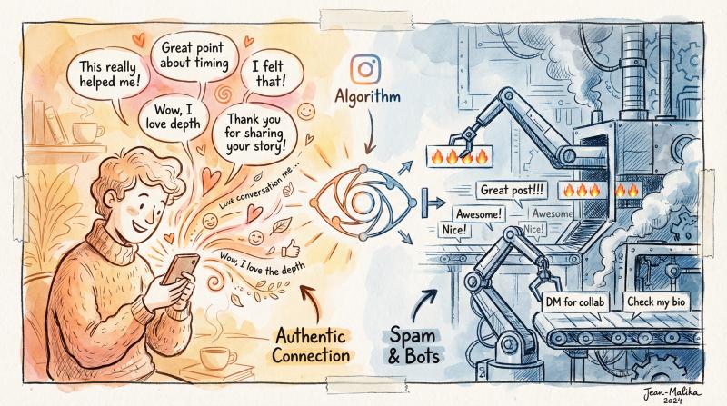 Hand-drawn illustration contrasting genuine Instagram engagement with artificial spam comments and bots