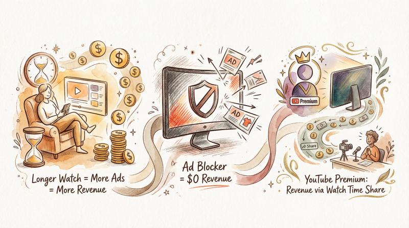 Hand-drawn illustration showing viewer engagement factors that affect YouTube revenue: watch time, ad blockers, and Premium subscriptions