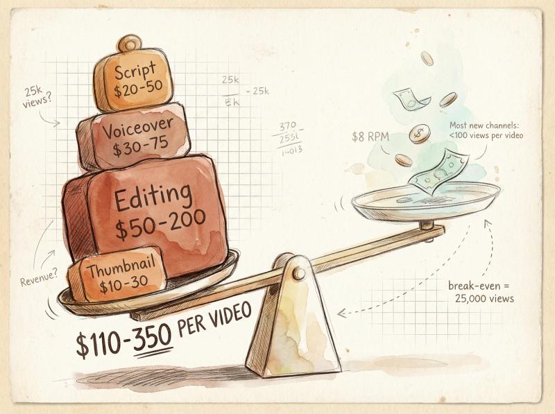 Hand-drawn illustration showing YouTube automation production costs outweighing early revenue on an unbalanced scale