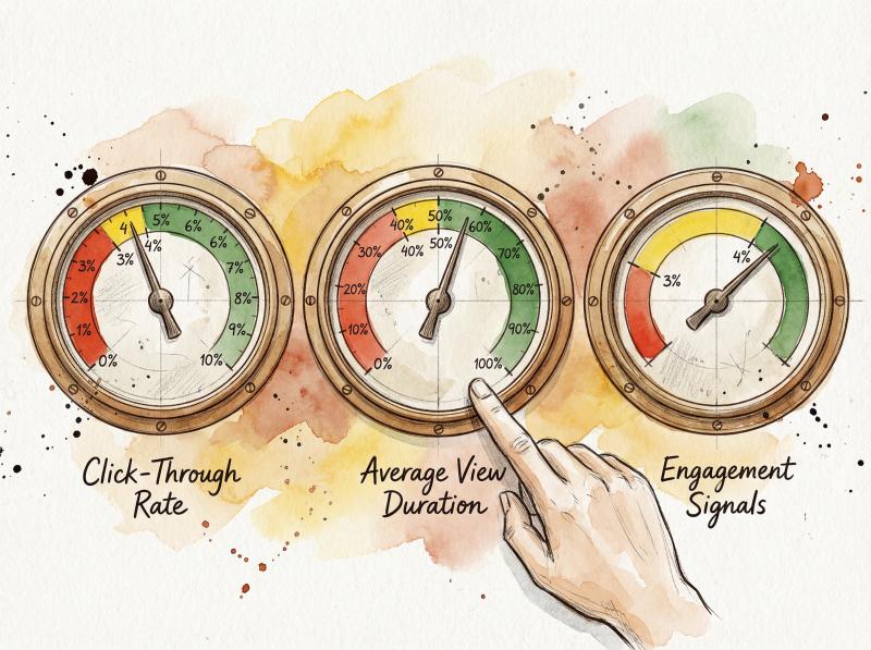 Hand-drawn vintage dashboard illustration showing three analog gauges measuring CTR, retention, and engagement metrics