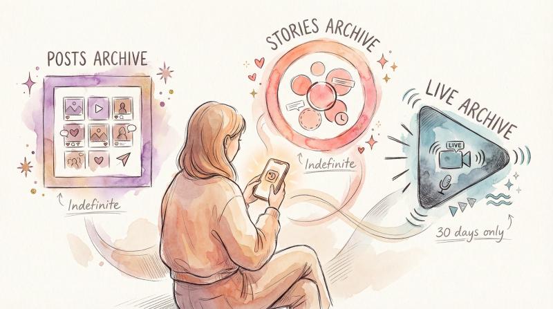 Hand-drawn illustration of person accessing Instagram Archive with three floating archive type portals