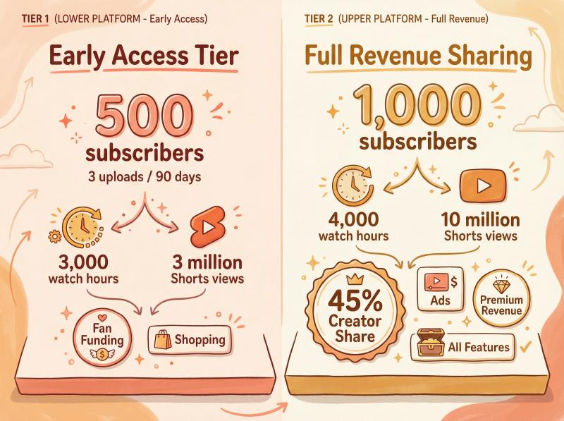 YouTube Partner Program tier comparison showing subscriber counts and watch hours for beginner creators