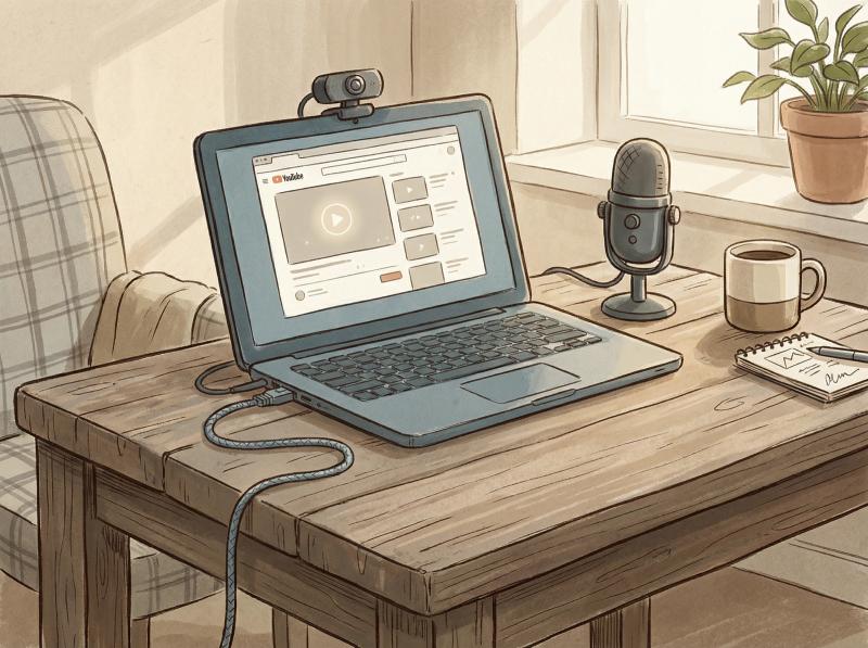 Hand-drawn illustration of a cozy desktop streaming setup showing laptop, webcam, microphone, and ethernet cable on a desk