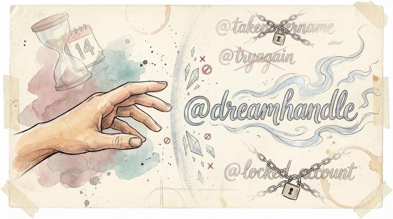 Hand-drawn illustration of a ghostly username floating behind an invisible barrier while a hand reaches for it