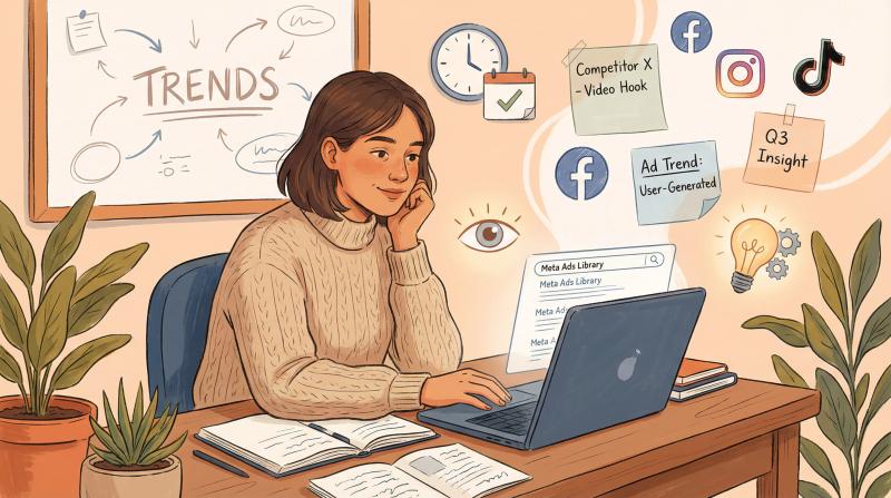 Artistic illustration of a thoughtful marketer discovering competitive insights through the Meta Ads Library, with hand-drawn style showing discovery, pattern recognition, and opportunity spotting in a creative workspace