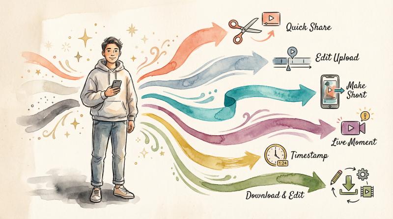 Hand-drawn illustration of a content creator at a crossroads choosing between different YouTube clipping paths