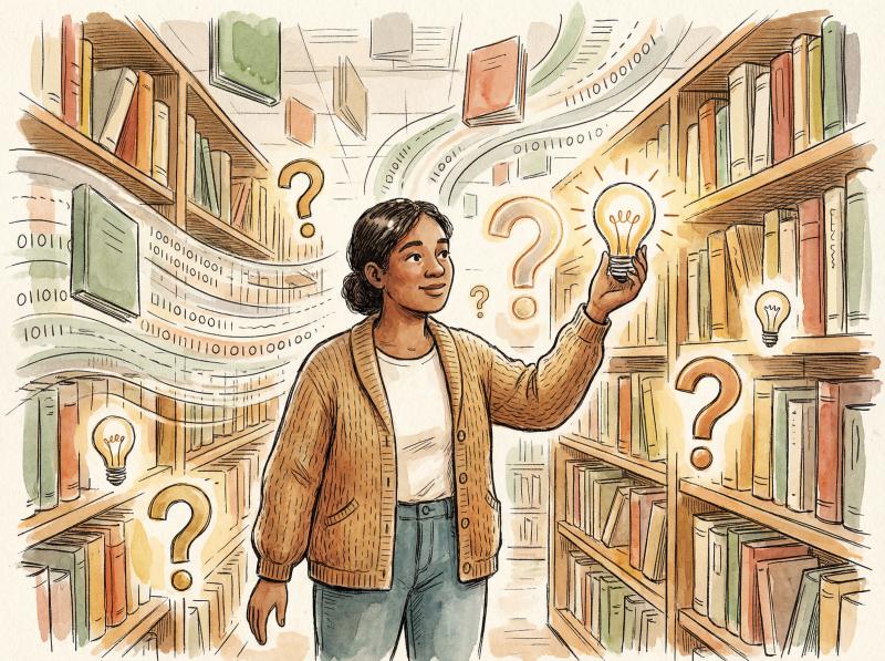 Hand-drawn illustration of a person discovering answers in a library of glowing questions and insights, artistic sketch style with warm colors