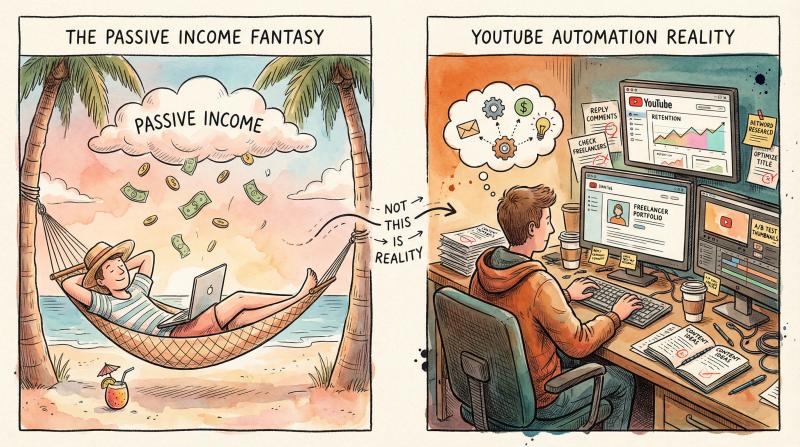 Split illustration contrasting passive income fantasy with YouTube automation reality showing constant work