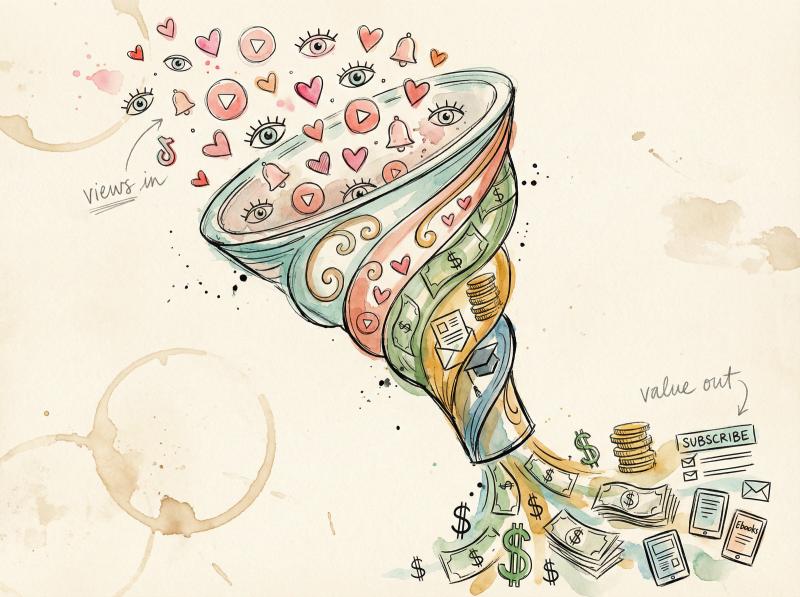 Hand-drawn illustration showing TikTok views transforming into real income through a creator funnel