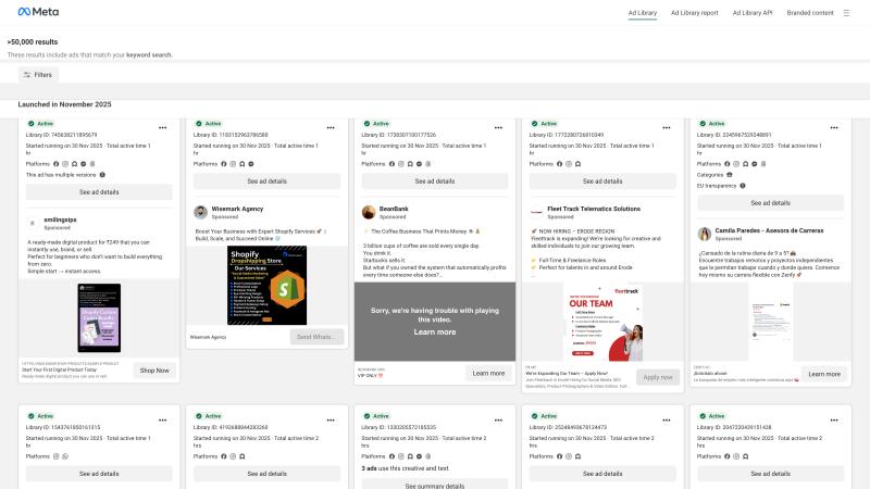 Meta Ads Library filter interface showing platform, media type, language, and date range options with active search results