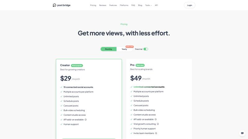 Post bridge pricing page displaying affordable plans starting at $9/month for managing 5 social media accounts