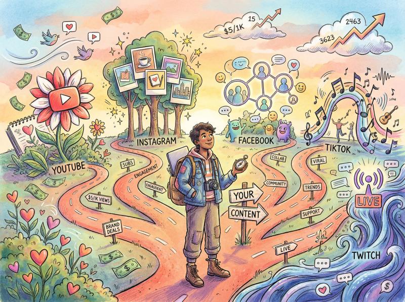 Hand-drawn artistic illustration of creator at crossroads choosing between social platforms