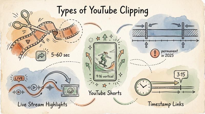 Hand-drawn editorial illustration showing five types of YouTube clipping methods as artistic vignettes