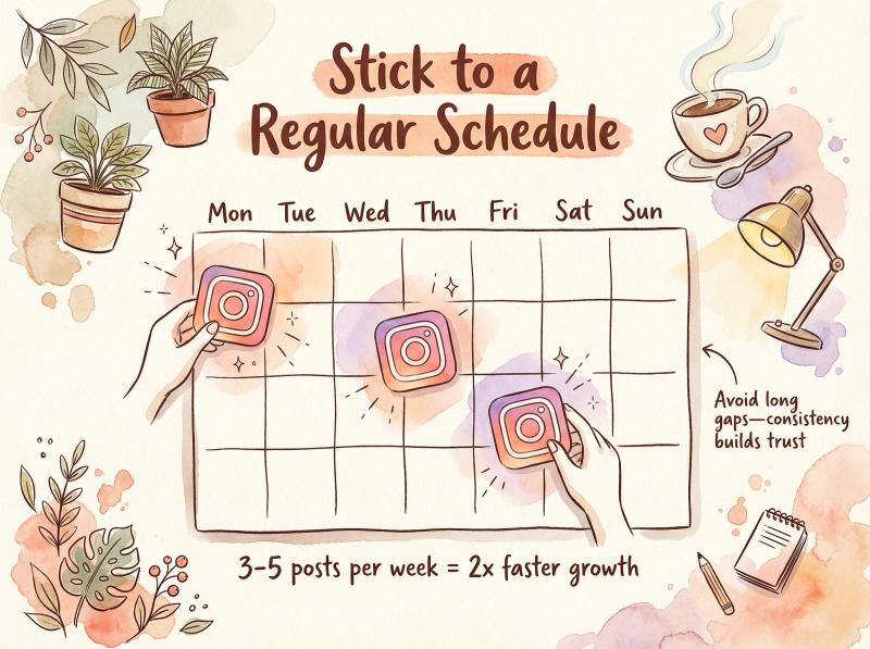 Warm editorial illustration showing a weekly calendar with Instagram posts being placed on Monday, Wednesday, and Friday, representing consistent posting schedule
