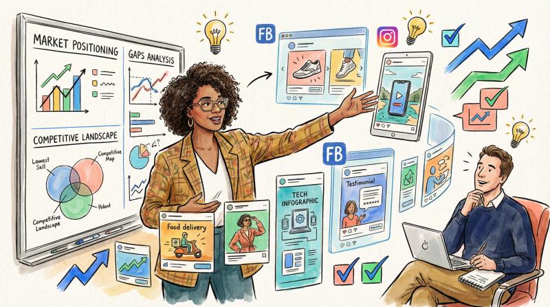 Hand-drawn illustration of a digital strategist presenting competitor ad insights to a client, with colorful ad creative displayed on screens and charts showing market positioning gaps
