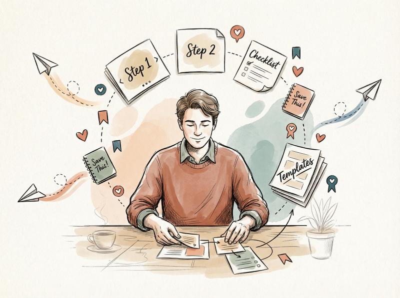 Hand-drawn illustration of creator organizing content resources with sharing symbols and bookmark icons in warm editorial style