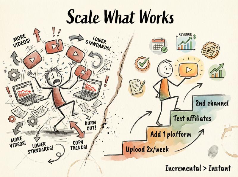 Hand-drawn editorial illustration contrasting reckless YouTube scaling chaos versus thoughtful incremental growth