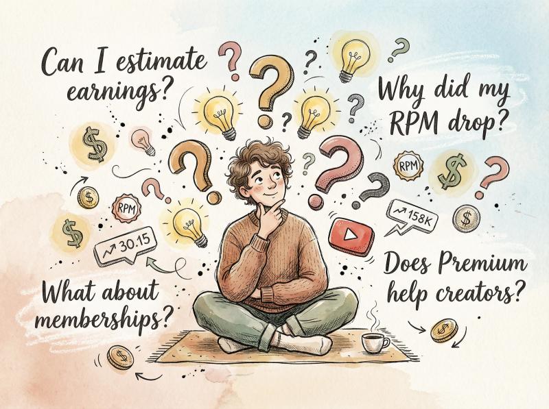 Hand-drawn illustration of curious creator surrounded by floating question marks and light bulbs with YouTube earnings concepts