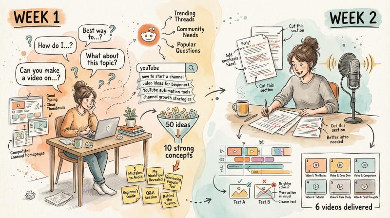 Hand-drawn illustration showing YouTube automation testing process: Week 1 research and Week 2 video creation