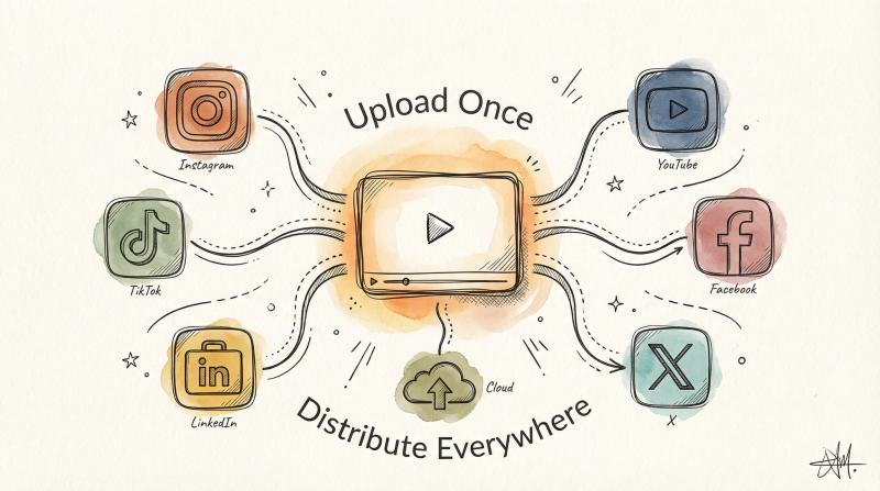 Hand-drawn illustration of one video clip distributing to multiple social media platforms simultaneously