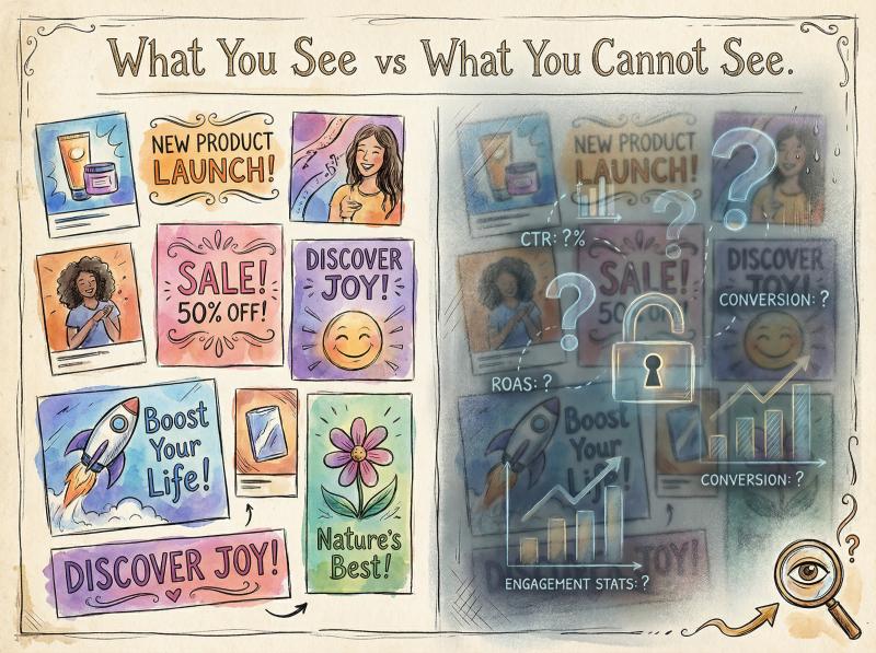Hand-drawn illustration contrasting visible ad creatives (bright, colorful previews) with hidden performance metrics (faded, shadowed data behind a semi-transparent barrier), symbolizing the Meta Ads Library's blind spots on performance data