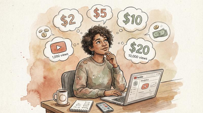 Hand-drawn illustration showing a creator pondering YouTube earnings with floating dollar signs and view counters