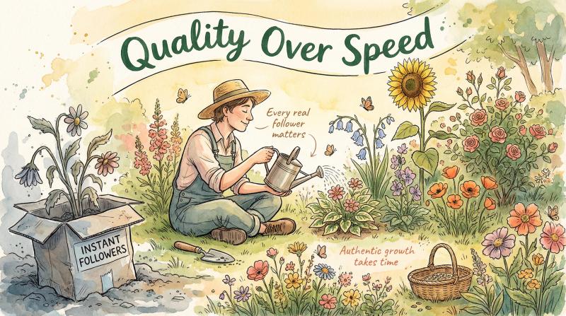 Warm hand-drawn illustration showing a person nurturing a thriving garden of diverse flowers representing authentic community growth