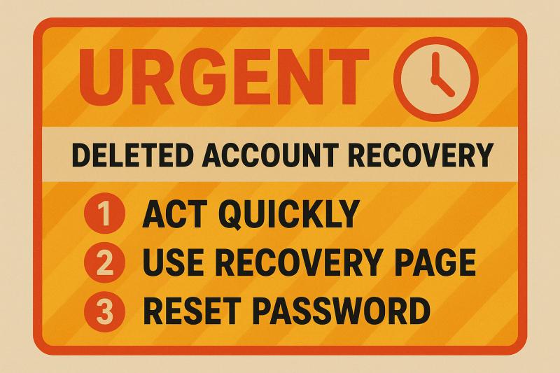 Time-sensitive deleted account recovery process emphasizing quick action, using recovery page, and password reset