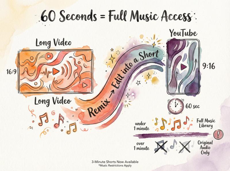 Hand-drawn editorial illustration showing the transformation of a long YouTube video into a Short with music licensing rules
