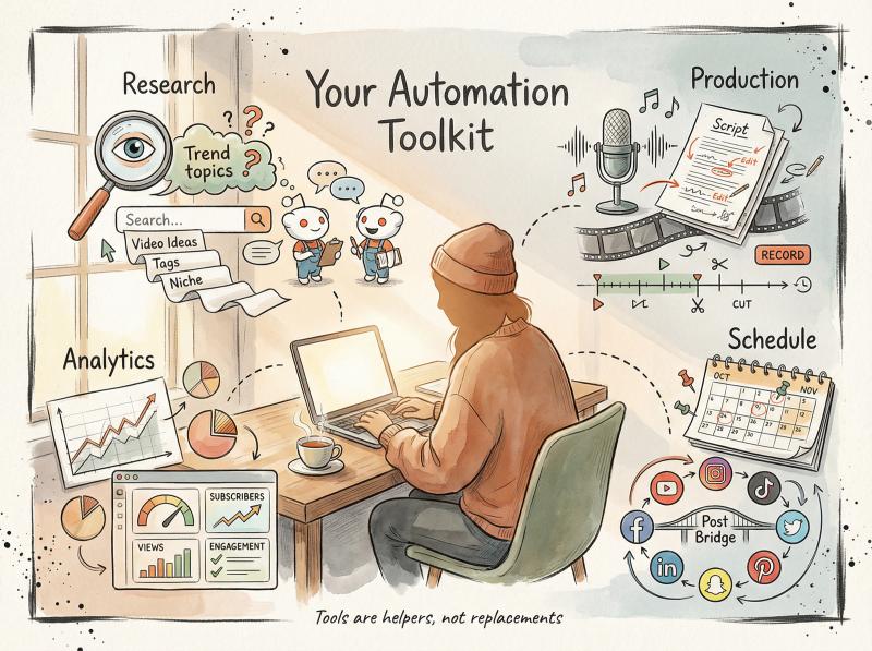 Hand-drawn illustration of creator at desk surrounded by floating YouTube automation tool helpers in warm editorial style