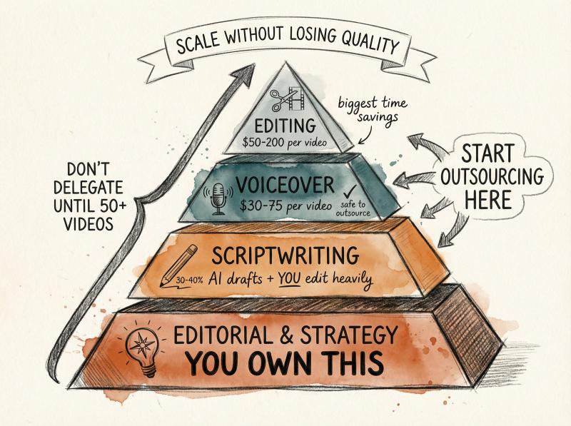 Hand-drawn illustration showing the foundation pyramid of YouTube automation scaling with editorial strategy at base