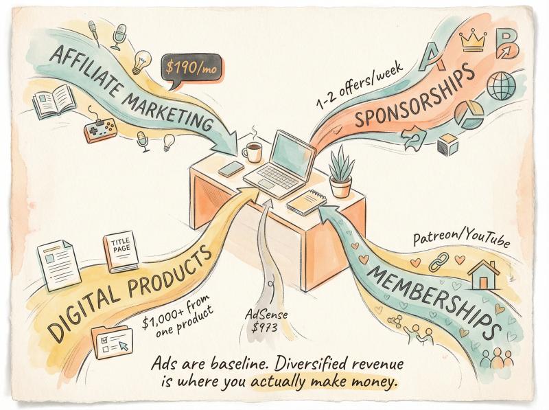Hand-drawn illustration showing four diverse income streams flowing into a creator's work, beyond just YouTube ads