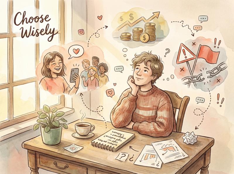 Warm illustration showing thoughtful social media creator evaluating influencer partnership opportunities with careful consideration