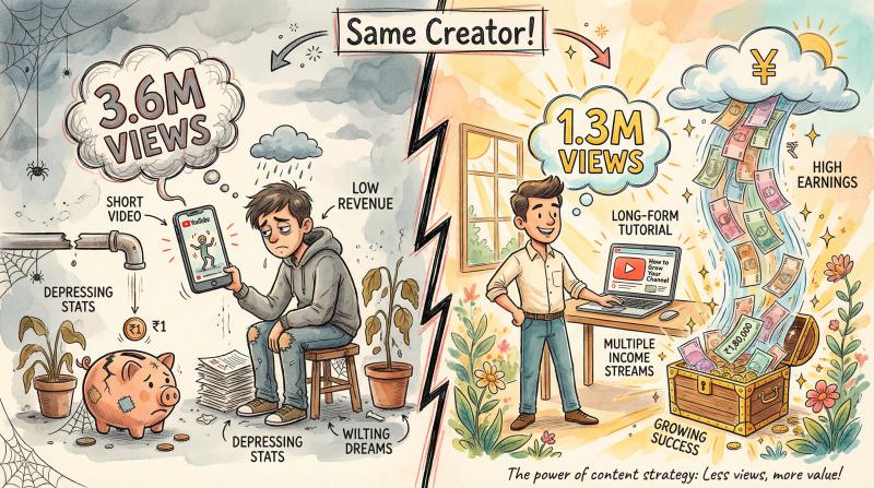 Hand-drawn illustration showing dramatic contrast between Shorts earning Rs 1 and educational content earning Rs 1.8 lakh