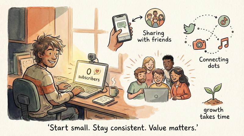 Hand-drawn illustration of a small creator starting their streaming journey with optimism and community support