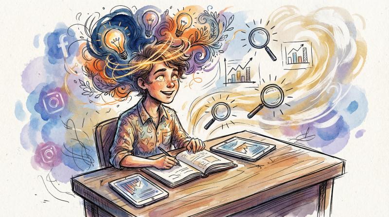 Hand-drawn illustration of a creator discovering competitive insights while building authentic campaigns with ethical research
