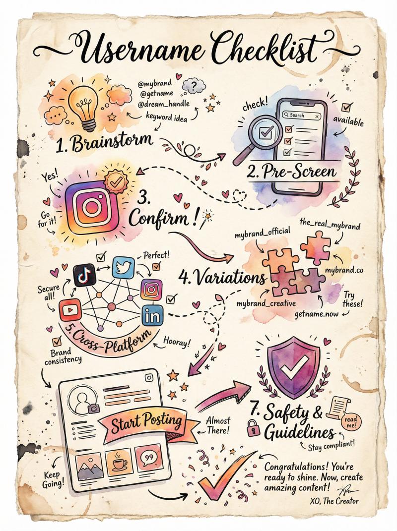 Hand-drawn sketchbook illustration showing 7-step Instagram username checklist as a visual journey with watercolor accents and artistic doodles