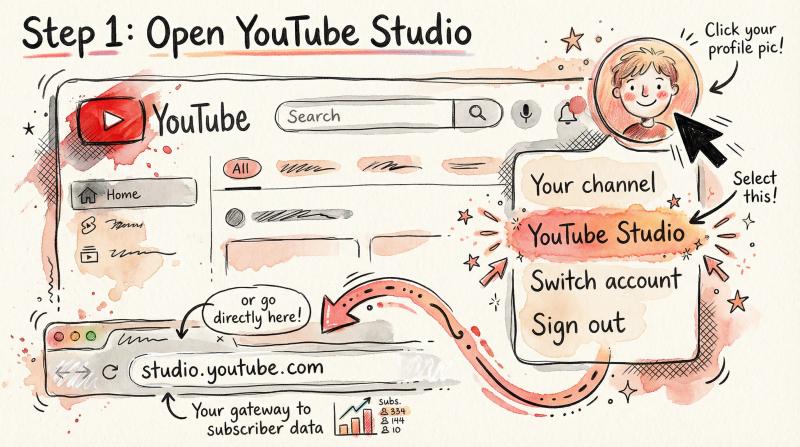 Hand-drawn artistic illustration showing YouTube Studio interface navigation with profile menu and dashboard elements in brilliant sketch style