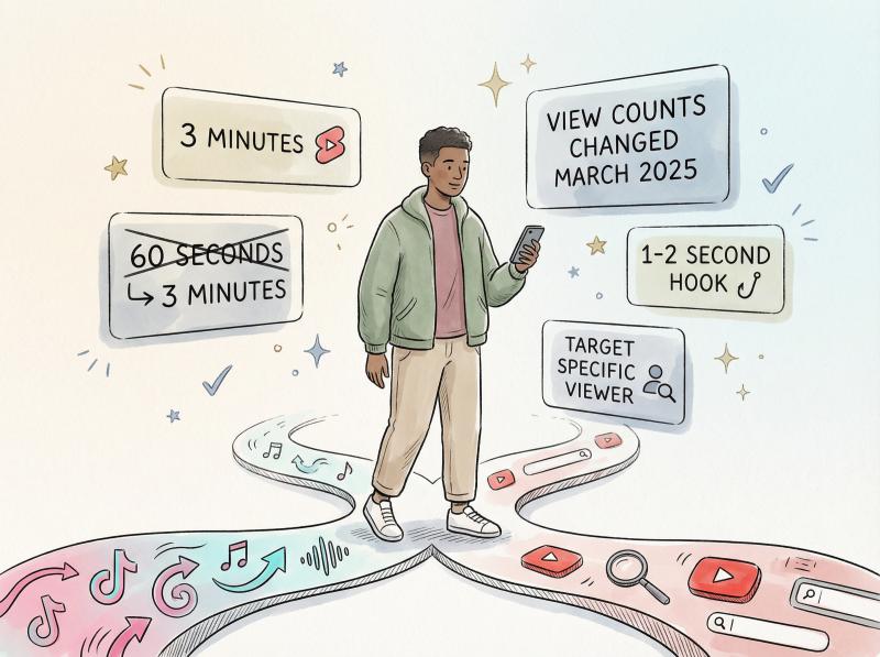 Hand-drawn editorial illustration of a creator at crossroads with floating rule cards showing platform requirements
