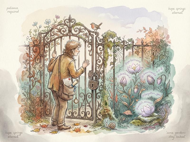 Hand-drawn illustration of a hopeful figure at an overgrown garden gate, with inactive usernames shown as sleeping flowers