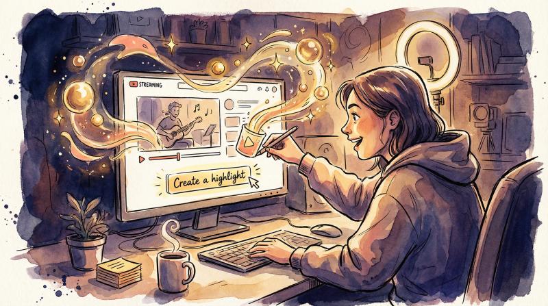 Hand-drawn illustration of creator capturing live stream highlights in YouTube's Live Control Room