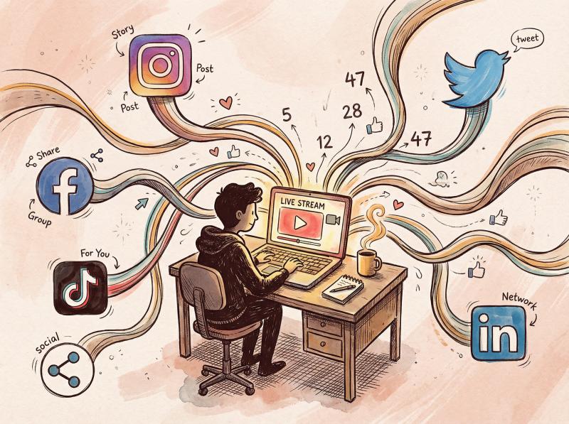 Hand-drawn illustration showing a creator broadcasting a YouTube stream that ripples outward across multiple social platforms
