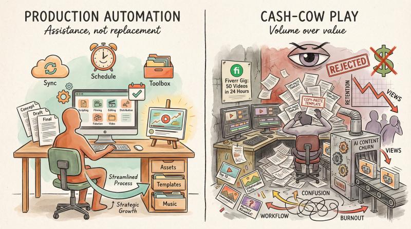 Hand-drawn editorial split illustration contrasting strategic production automation with chaotic cash-cow content factory