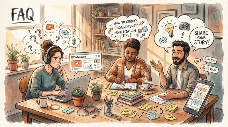 Hand-drawn artistic illustration showing diverse YouTube creators with thought bubbles containing common subscriber questions, rendered in warm editorial style with sketchy linework