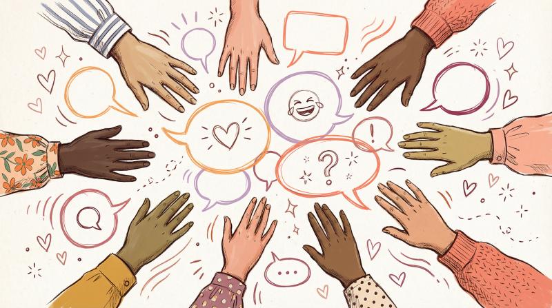 Hand-drawn illustration of diverse hands reaching toward each other in community circle with flowing speech bubbles